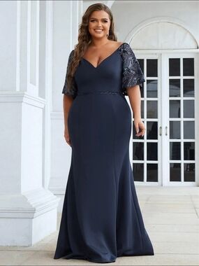 Ever Pretty Navy V-Neck Maxi Gown with Lace Flutter Sleeves
